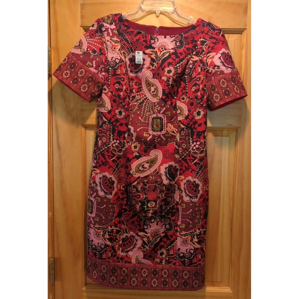 Talbots Red Maroon Geometric Paisley Print Short Sleeve Dress‎ Size 8 P Abstract